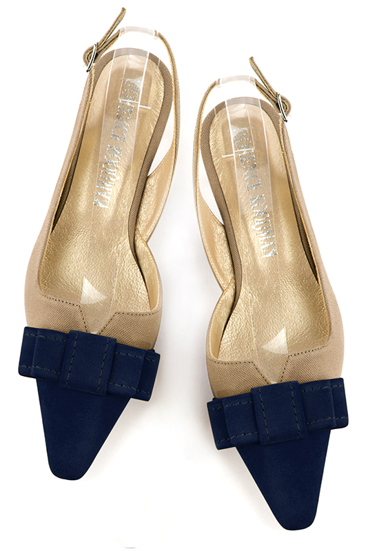 Navy blue and tan beige women's open back shoes, with a knot. Tapered toe. Low kitten heels. Top view - Florence KOOIJMAN
